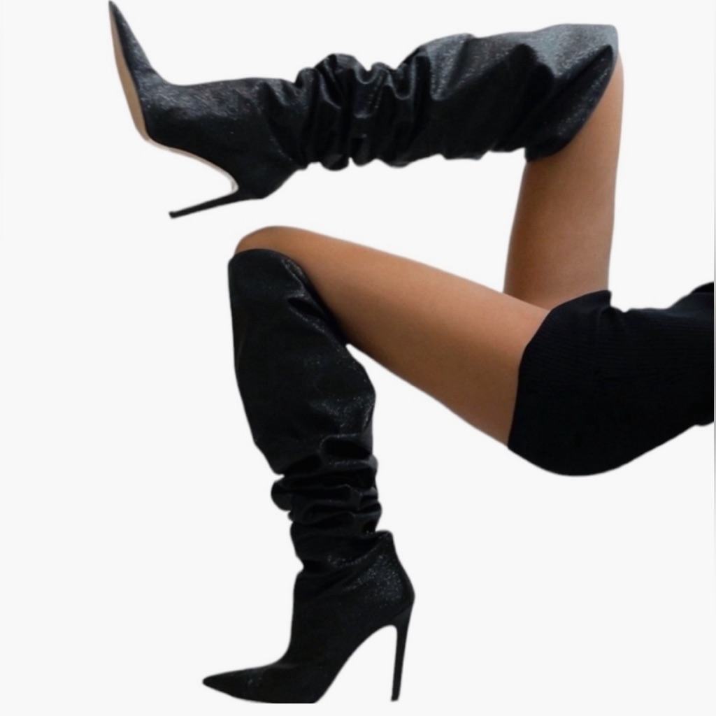 Good American Suede Over The Knee Boots Black Stiletto Heel Pointed Toe